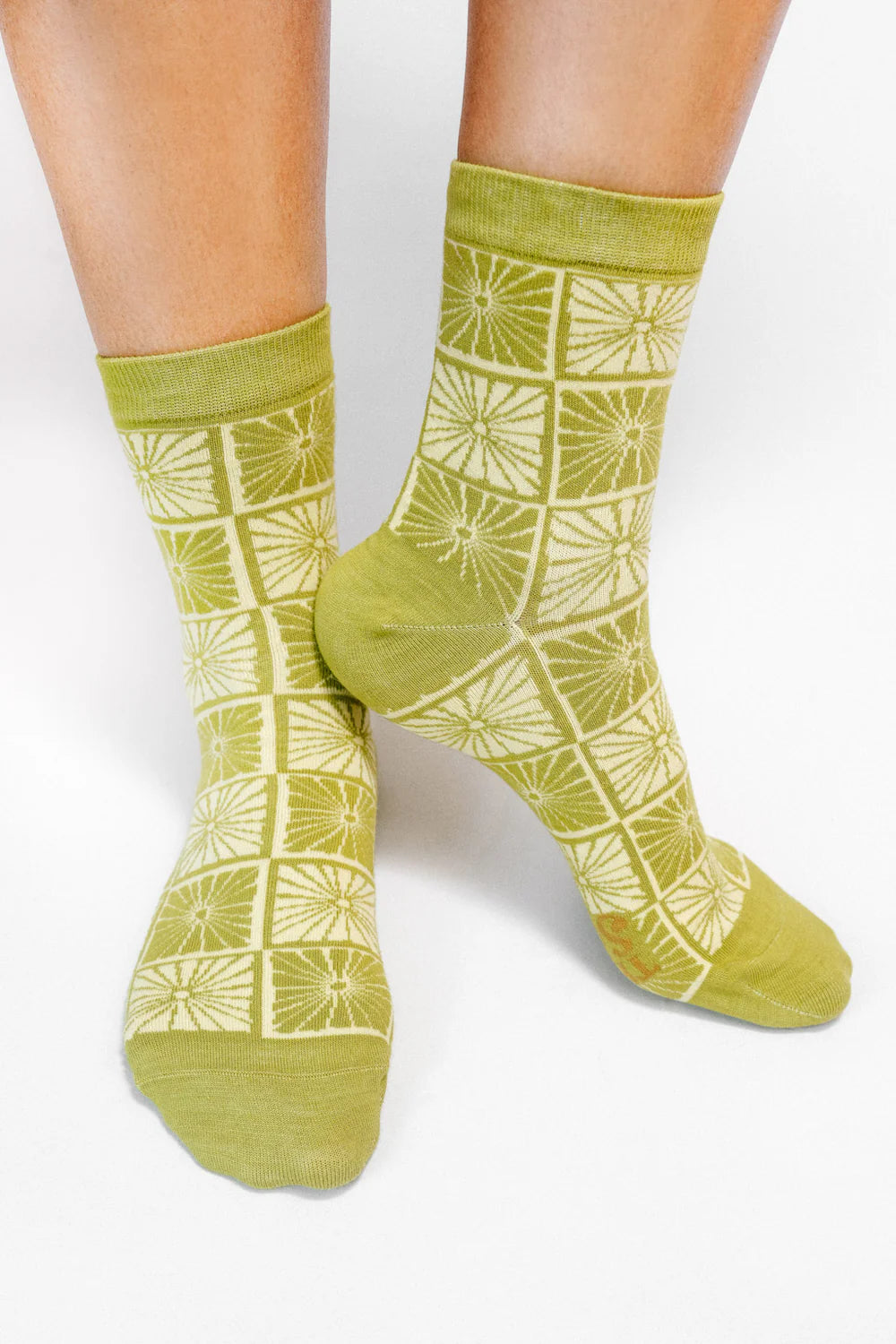 Chartreuse Flower Checkers — Knit Ankle Sock
