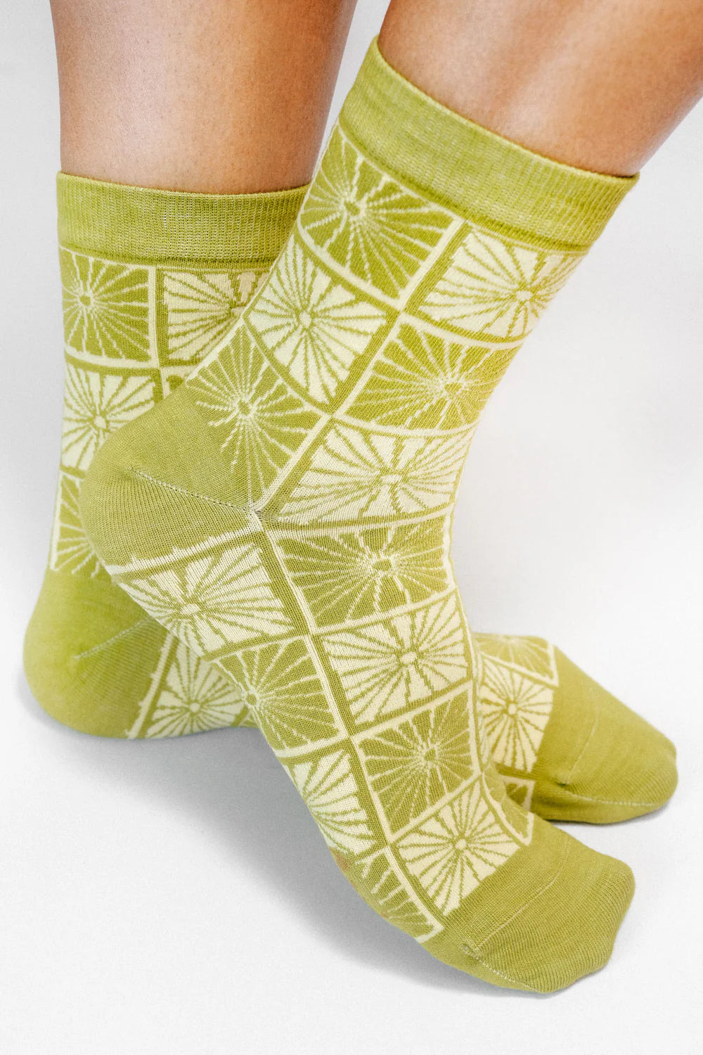 Chartreuse Flower Checkers — Knit Ankle Sock