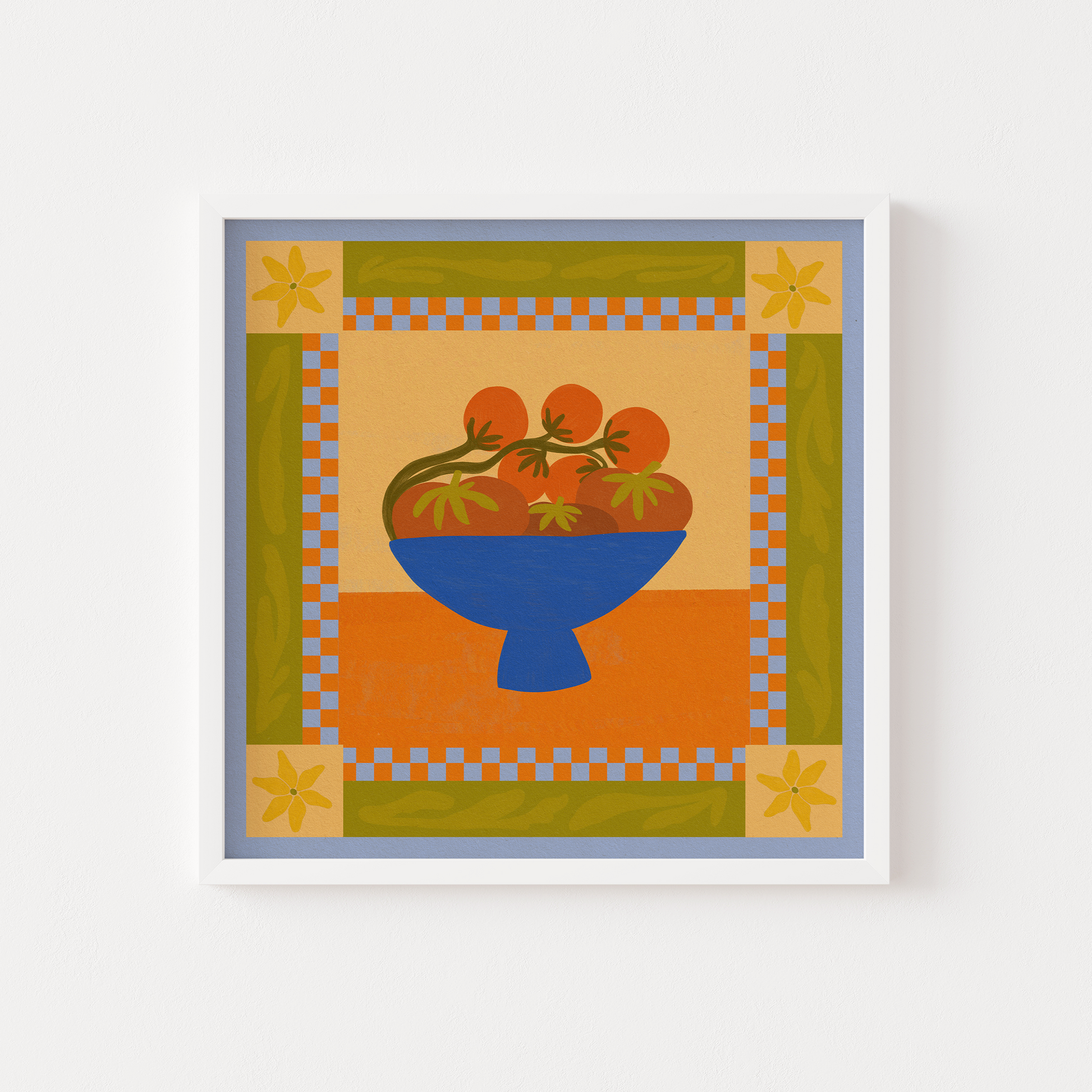 Tomatoes in a blue bowl.