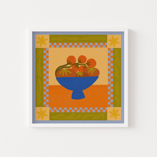 Tomatoes in a blue bowl.