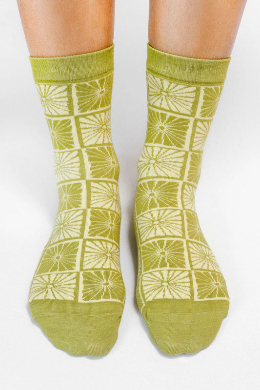 Chartreuse Flower Checkers — Knit Ankle Sock
