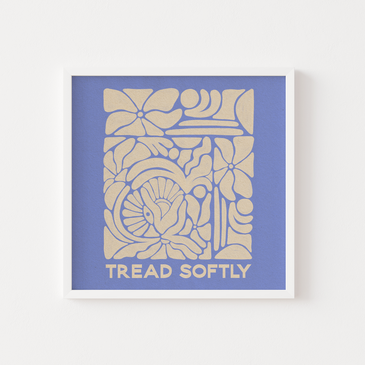 Image reads "Tread Softly" with abstract shapes & florals surrounding above.