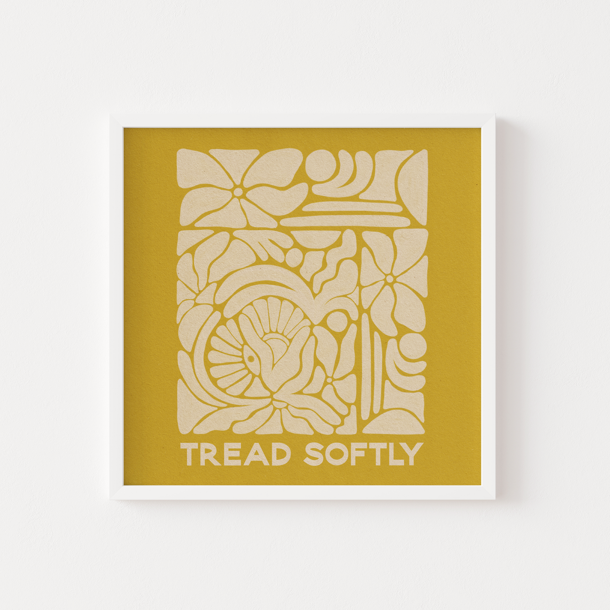 Image reads "Tread Softly" with abstract shapes & florals surrounding above.